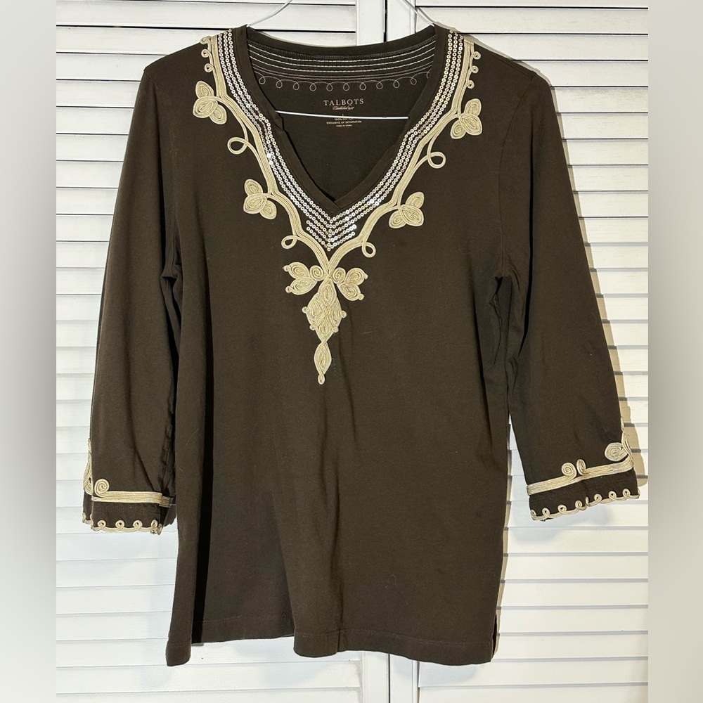Talbot’s Brown Cotton Jersey Appliqué Top Size L